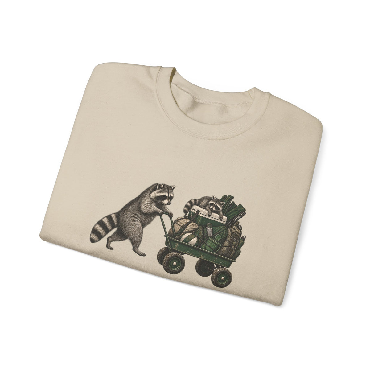 Raccoon Cart Crewneck Sweatshirt — Cute Woodland Animal Pullover