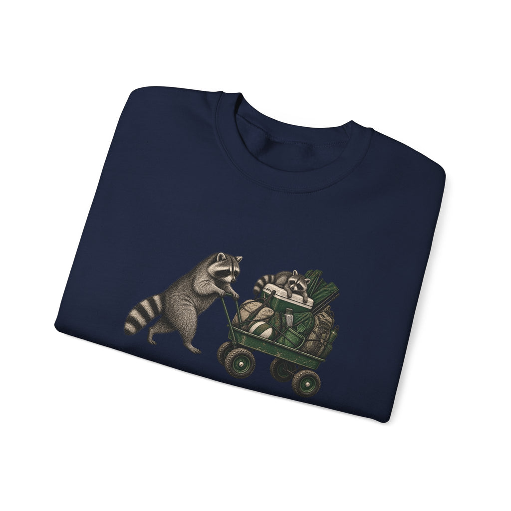Raccoon Cart Crewneck Sweatshirt — Cute Woodland Animal Pullover