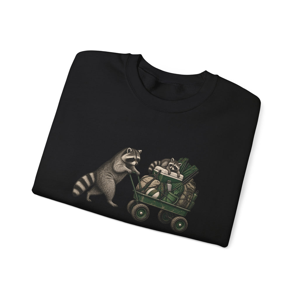 Raccoon Cart Crewneck Sweatshirt — Cute Woodland Animal Pullover