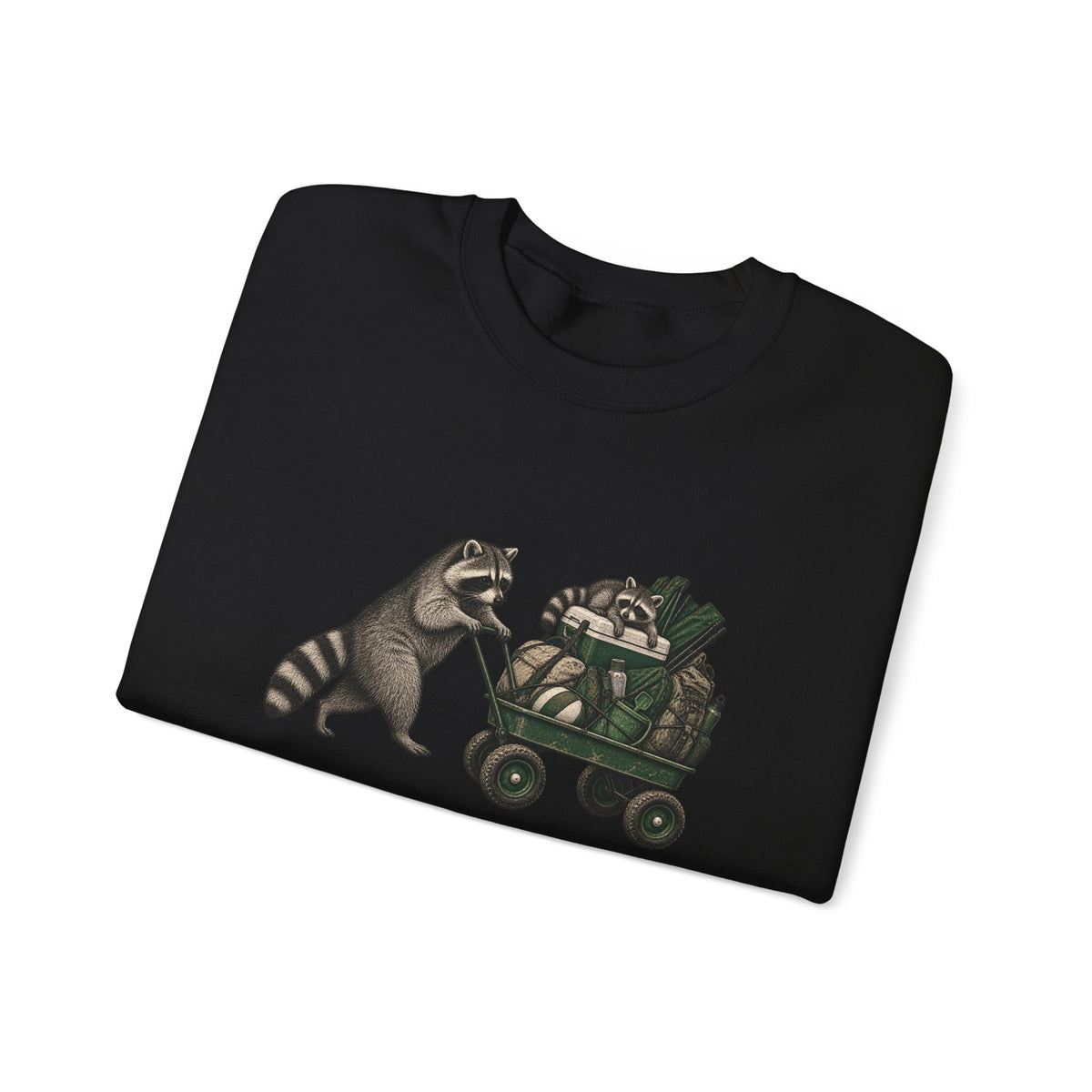 Raccoon Cart Crewneck Sweatshirt — Cute Woodland Animal Pullover