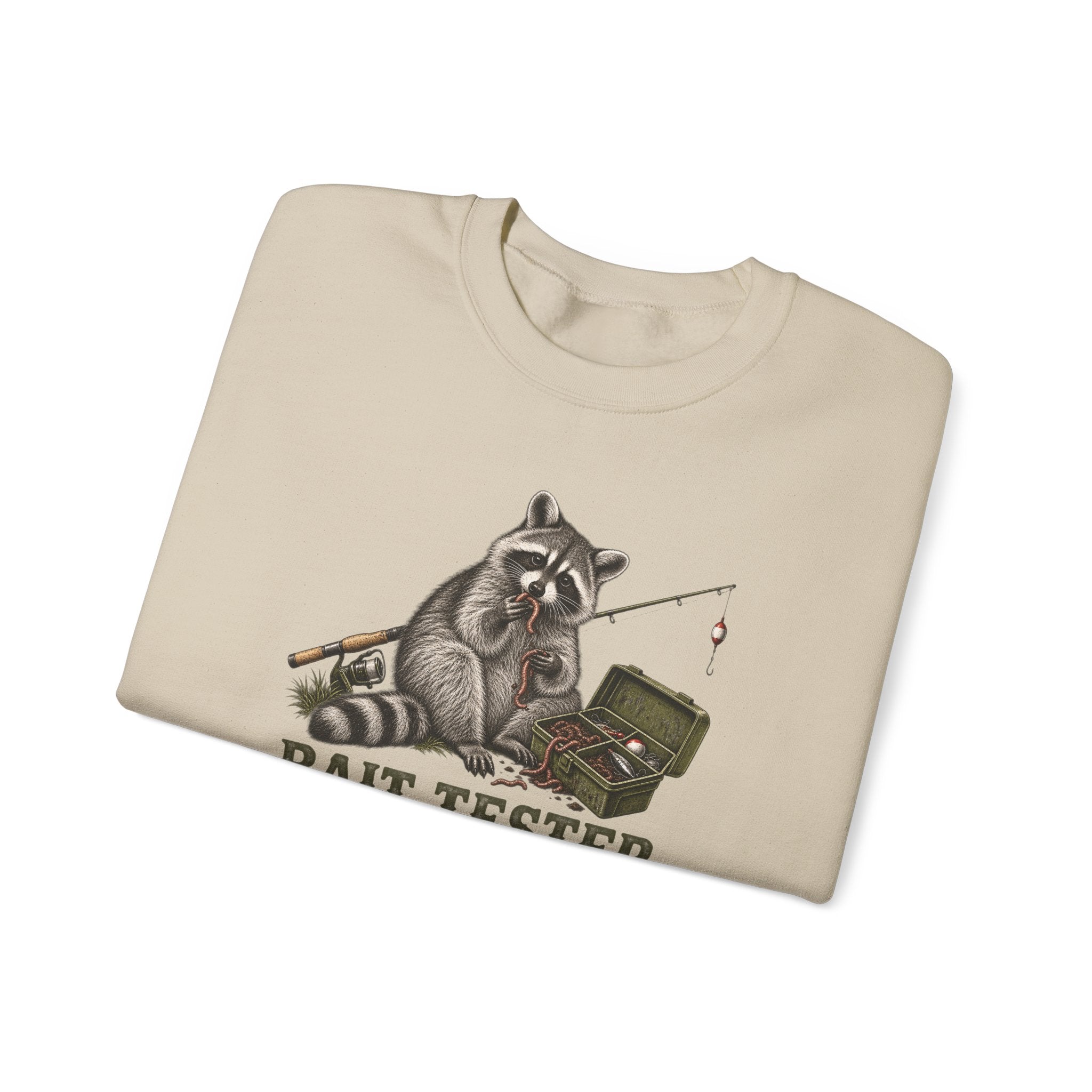Bait Tester Sweatshirt — Funny Raccoon Fishing Crewneck for Anglers
