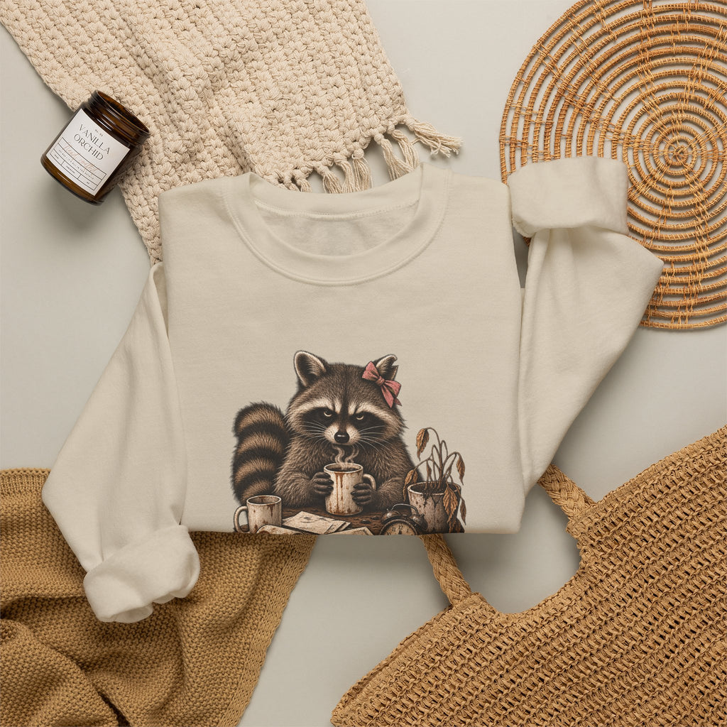 Crewneck Sweatshirt — 'Running on Caffeine & Contempt' Racoon Coffee Graphic