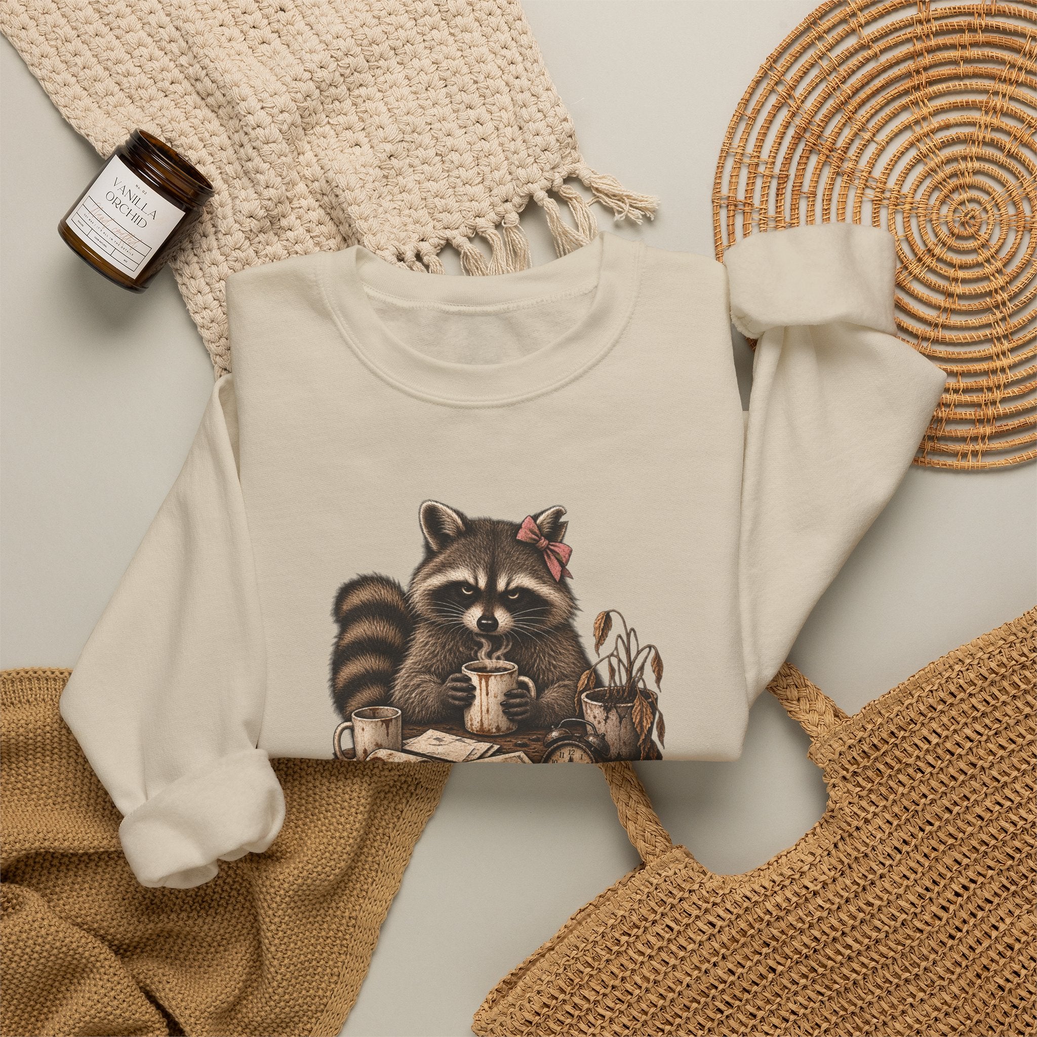 Crewneck Sweatshirt — 'Running on Caffeine & Contempt' Racoon Coffee Graphic