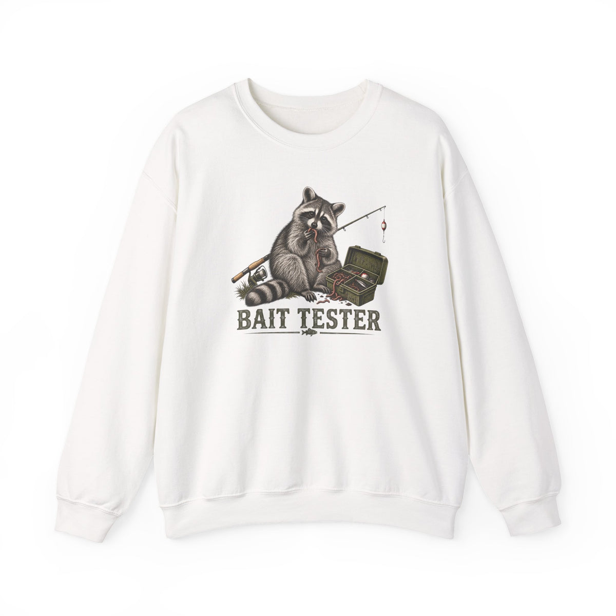 Bait Tester Sweatshirt — Funny Raccoon Fishing Crewneck for Anglers
