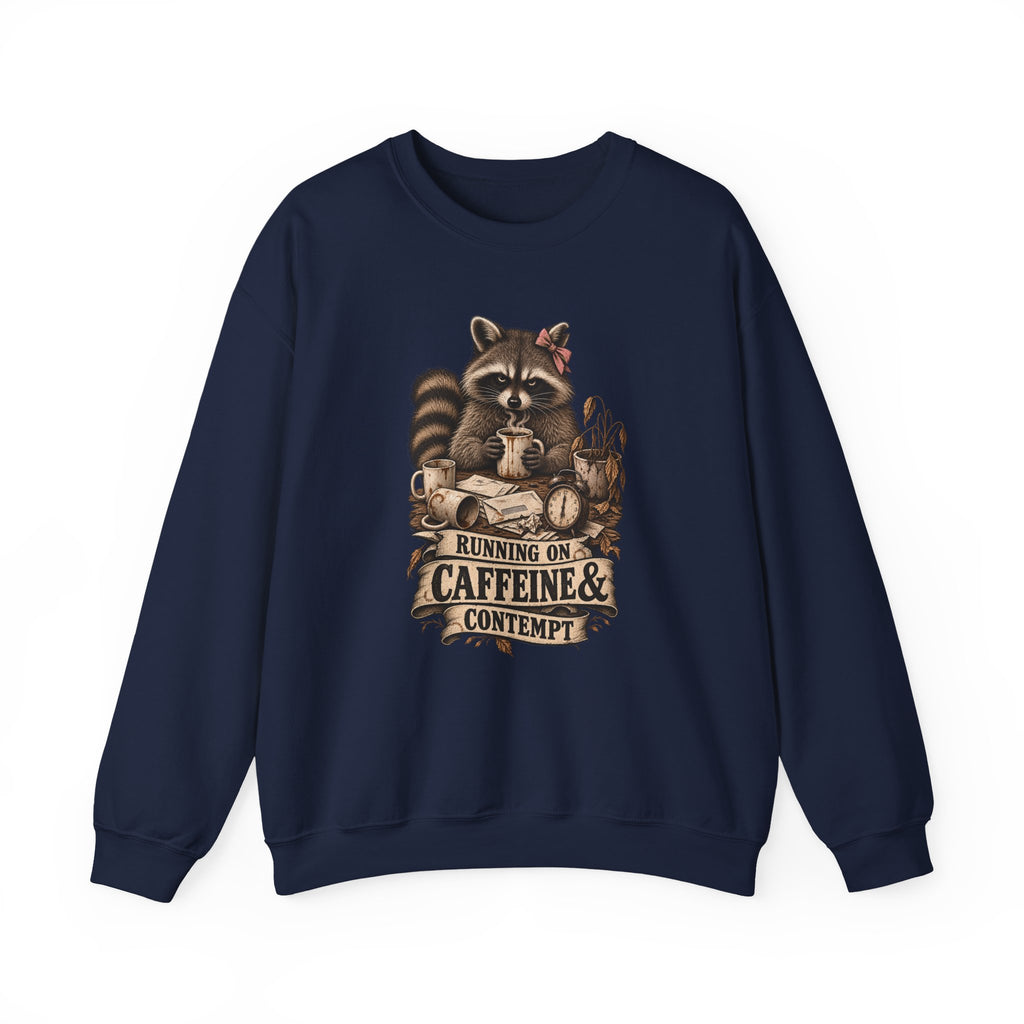 Crewneck Sweatshirt — 'Running on Caffeine & Contempt' Racoon Coffee Graphic
