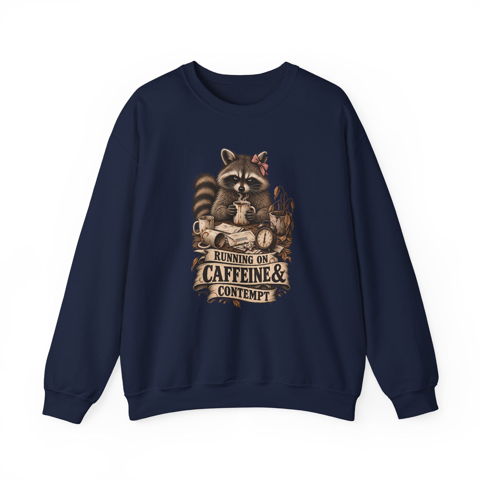 Crewneck Sweatshirt — 'Running on Caffeine & Contempt' Racoon Coffee Graphic