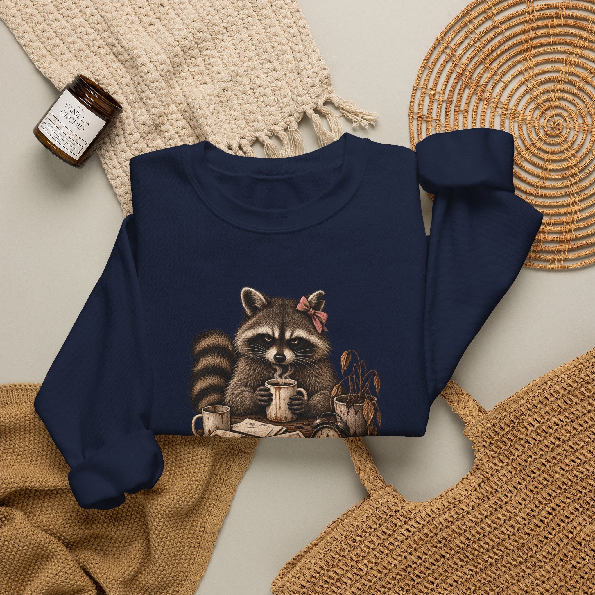 Crewneck Sweatshirt — 'Running on Caffeine & Contempt' Racoon Coffee Graphic
