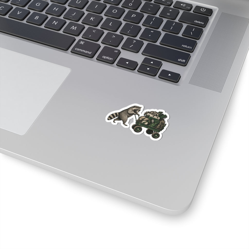 Raccoon Wagon Kiss-Cut Sticker — Cute Camping & Nature Laptop Decal
