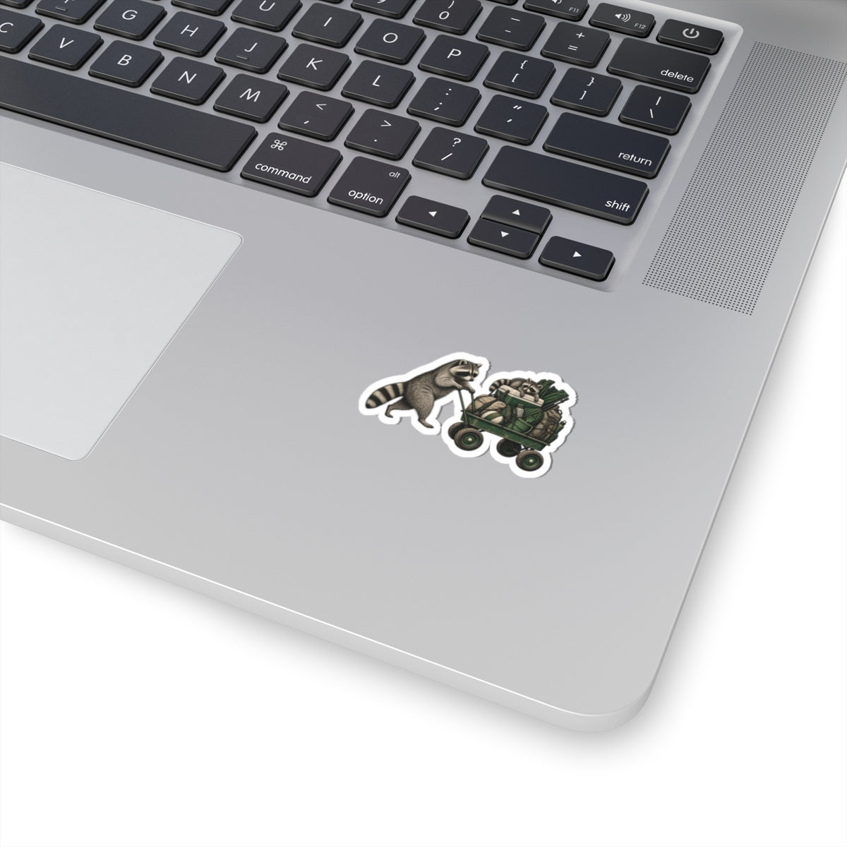 Raccoon Wagon Kiss-Cut Sticker — Cute Camping & Nature Laptop Decal