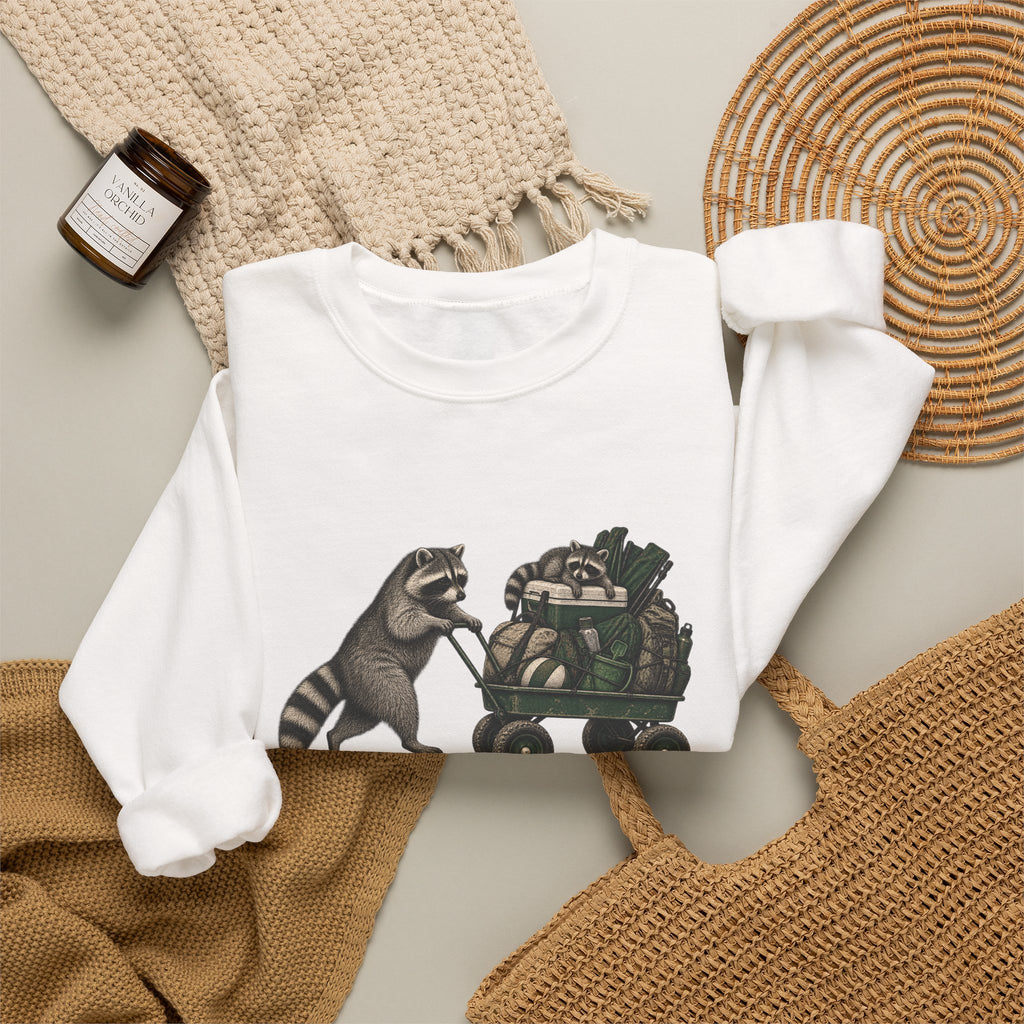 Raccoon Cart Crewneck Sweatshirt — Cute Woodland Animal Pullover