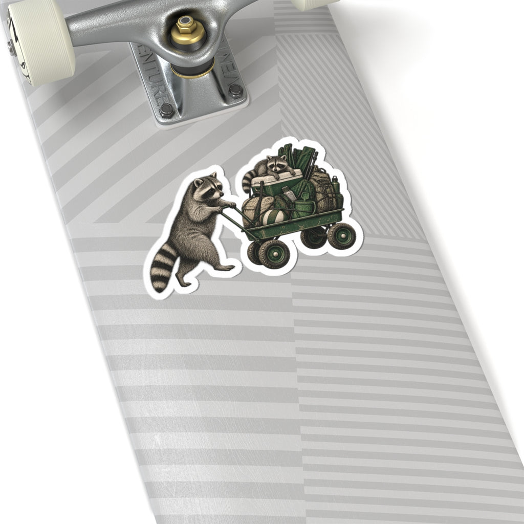 Raccoon Wagon Kiss-Cut Sticker — Cute Camping & Nature Laptop Decal