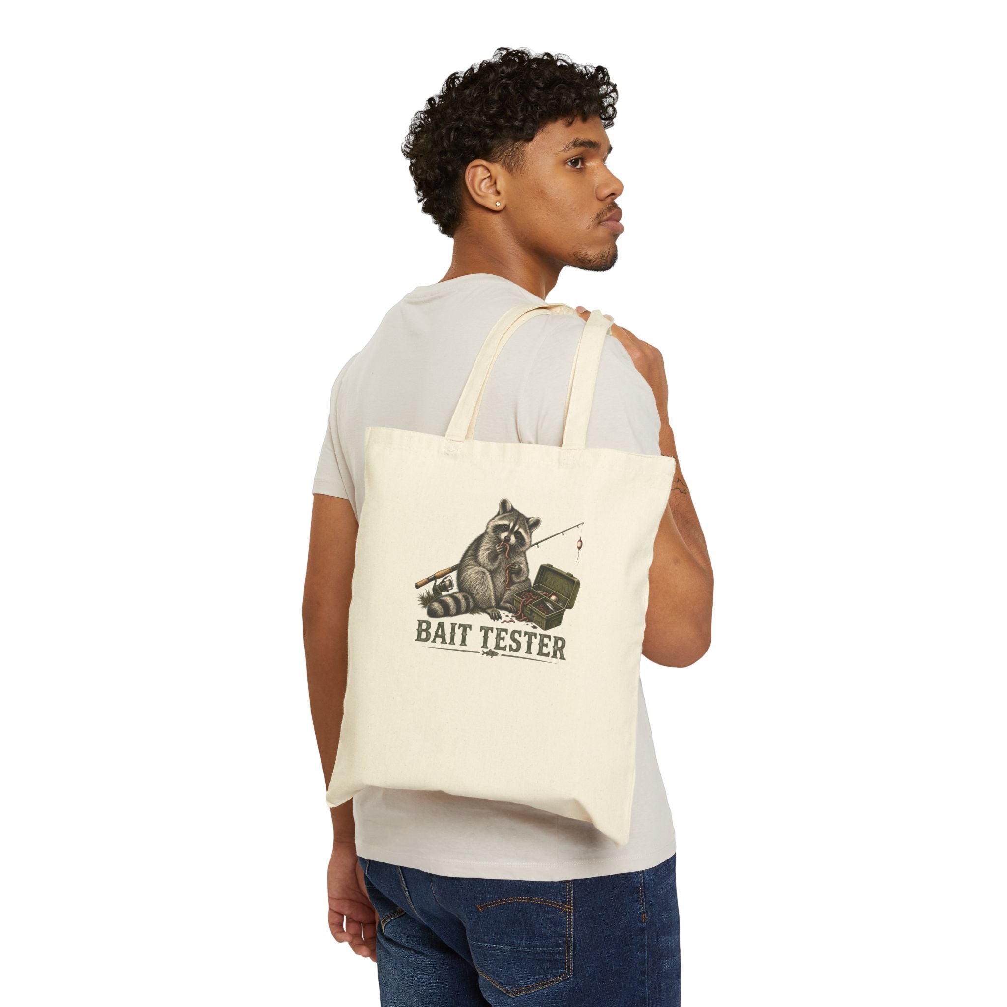Bait Tester Tote Bag – Funny Fishing Raccoon Canvas Tote for Anglers
