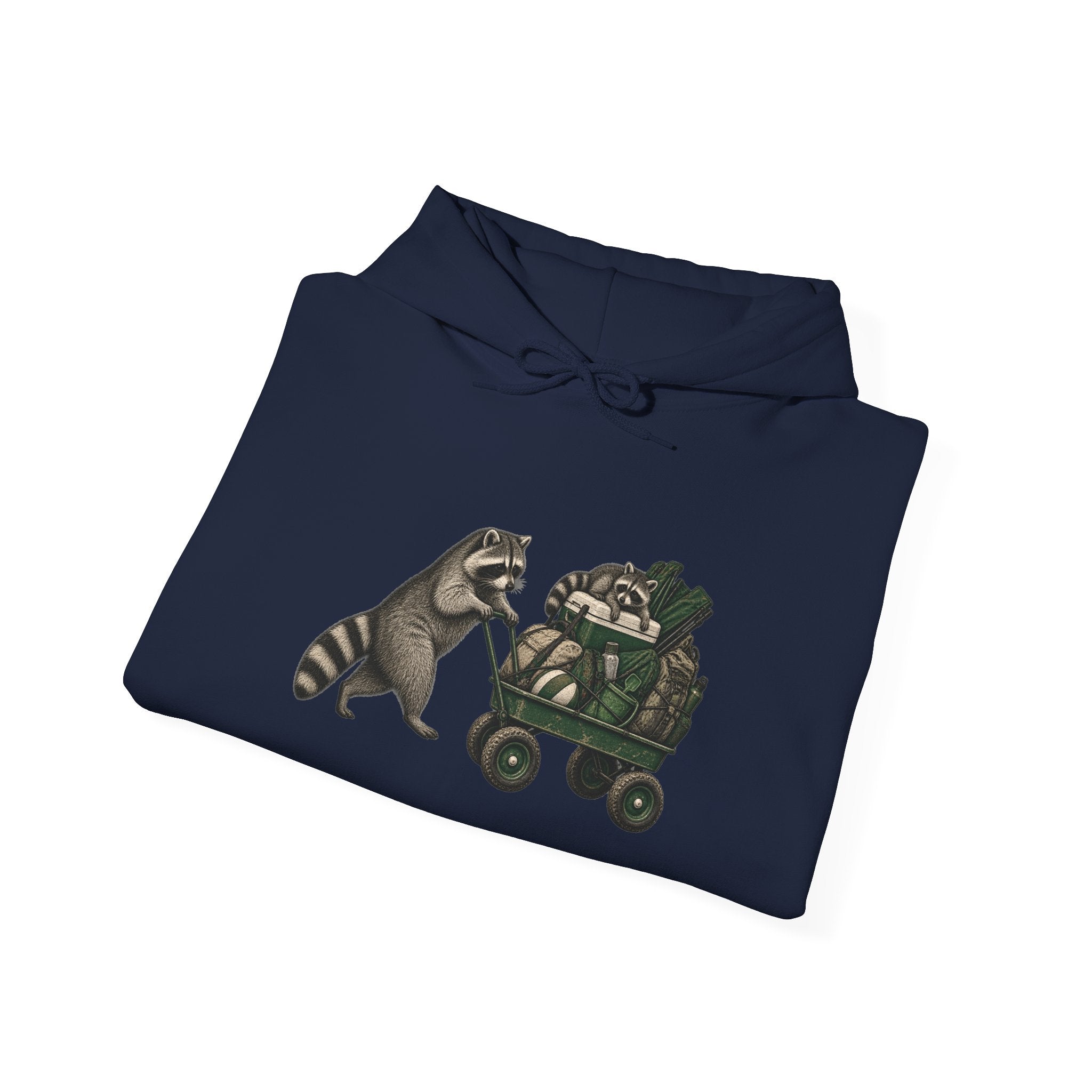 Hoodie — Playful Raccoon Pushing Vintage Golf Cart Graphic Hooded Sweatshirt