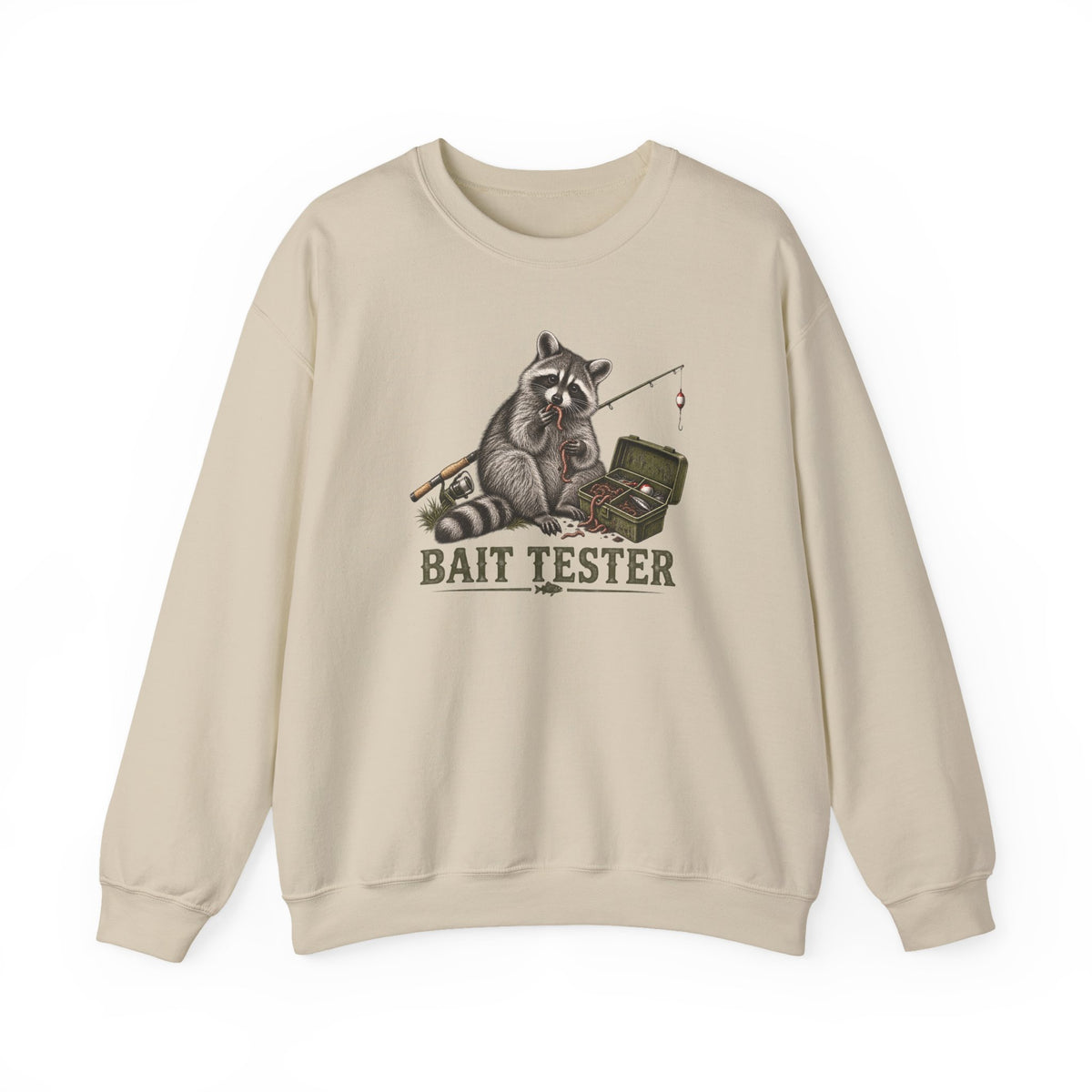 Bait Tester Sweatshirt — Funny Raccoon Fishing Crewneck for Anglers