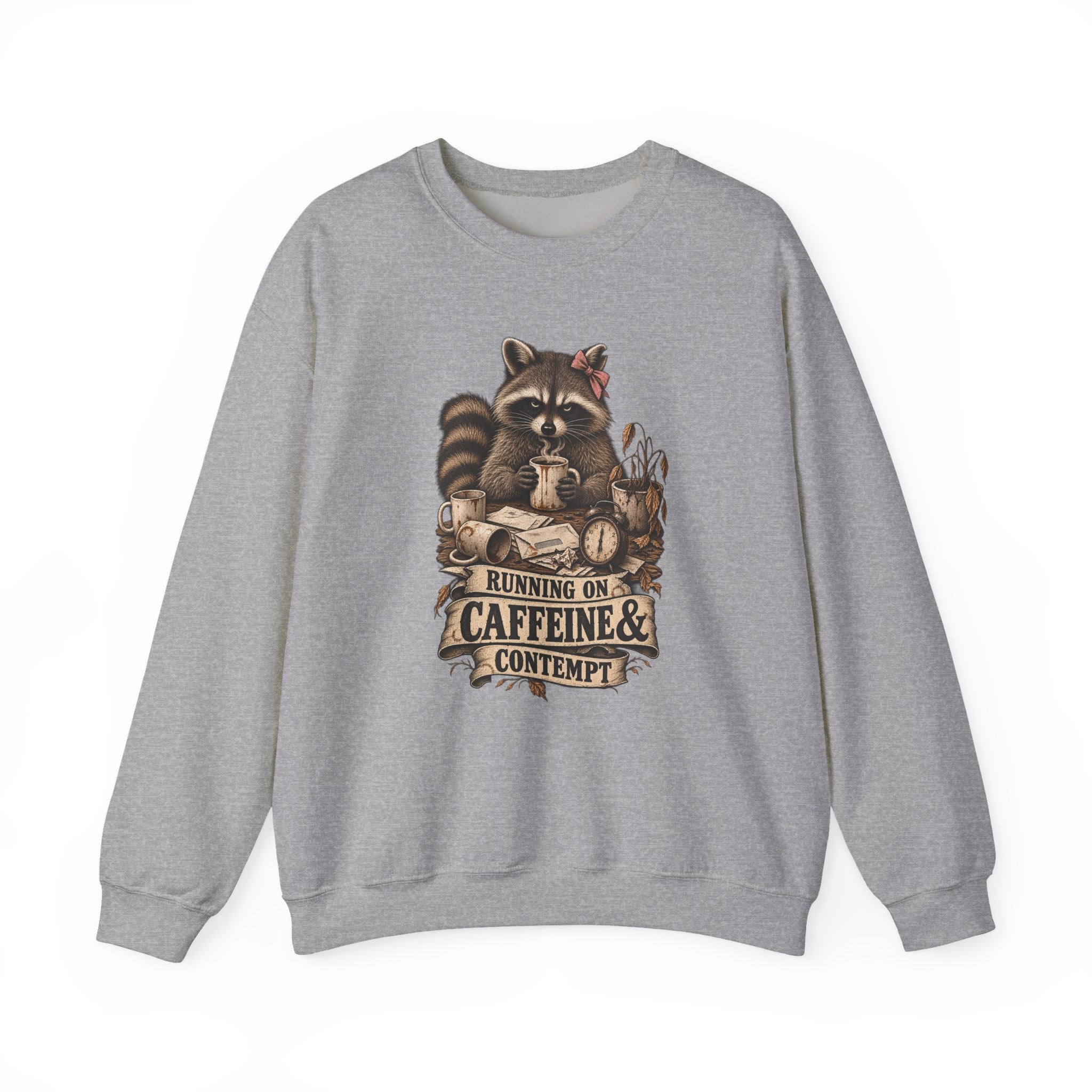 Crewneck Sweatshirt — 'Running on Caffeine & Contempt' Racoon Coffee Graphic