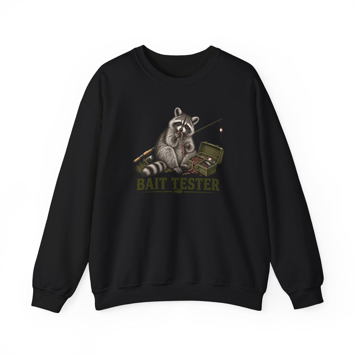 Bait Tester Sweatshirt — Funny Raccoon Fishing Crewneck for Anglers